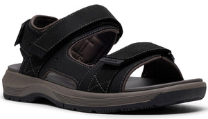 Black sandal with adjustable hook-and-loop straps on the toe and instep, and an ankle strap