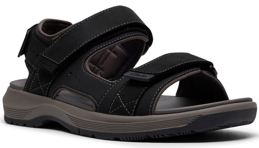 Black sandal with adjustable hook-and-loop straps on the toe and instep, and an ankle strap