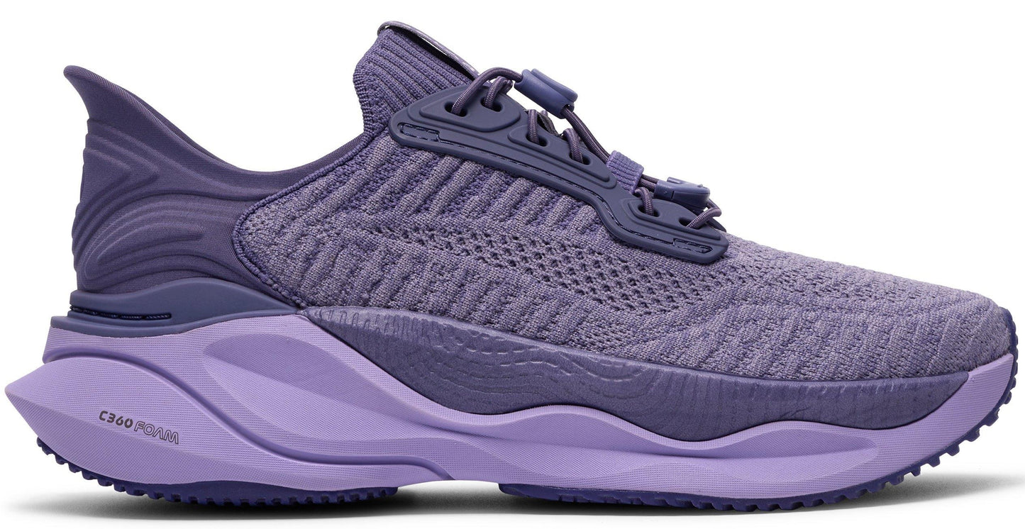 Purple athletic shoe with C360 FOAM on the sole and knit upper.