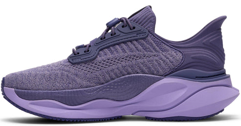 Side view of a purple running shoe with a purple sole.