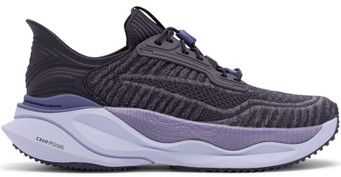 A dark purple running shoe with light purple sole and C360 visible on sole.