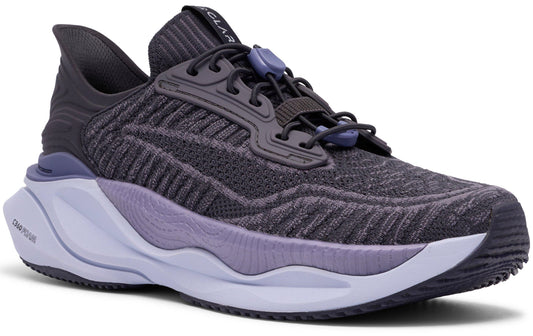 Athletic shoe with dark gray knit upper, lilac midsole, and toggle lacing.