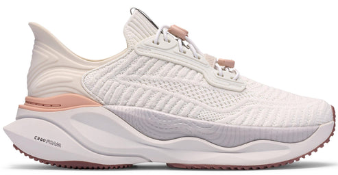A white running shoe with a thick sole and pink accents.