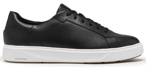 A black leather low-top sneaker with a white cushioned sole, black laces, and the embossed text "C90 FOAM" on the side of the heel.