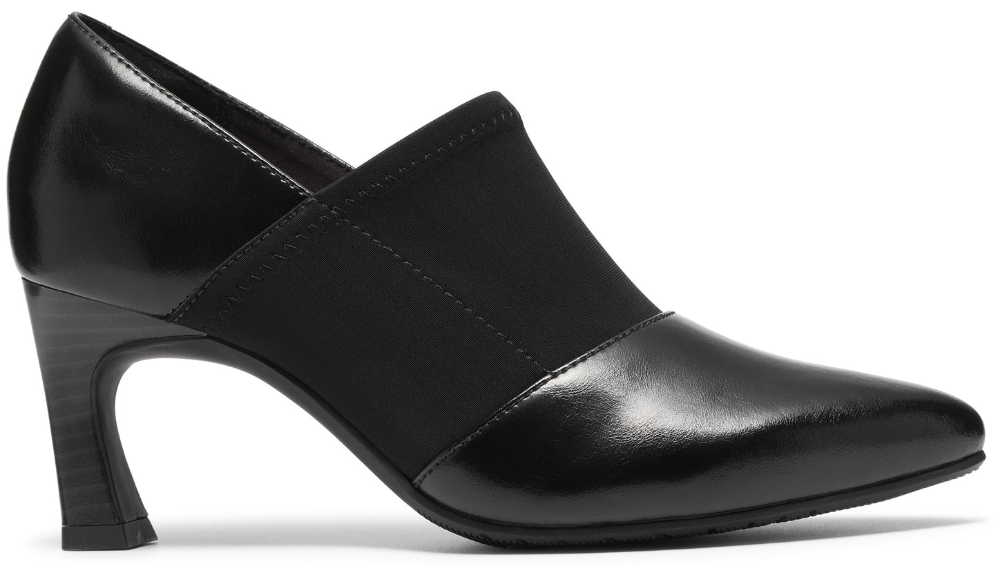 A black pointed-toe high-heel pump with a curved heel, featuring a smooth patent-like leather finish on the toe and heel, contrasted by a fabric-like matte panel across the midsection.