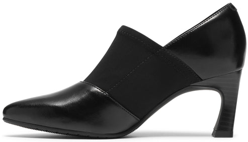 A black pointed-toe high heel shoe with a side-cutout design featuring a stretchy fabric panel and a sturdy, flared heel.