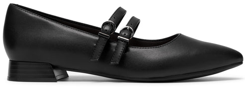 A black leather Mary Jane pump shoe with a pointed toe, two adjustable buckled straps across the instep, and a low, block heel.