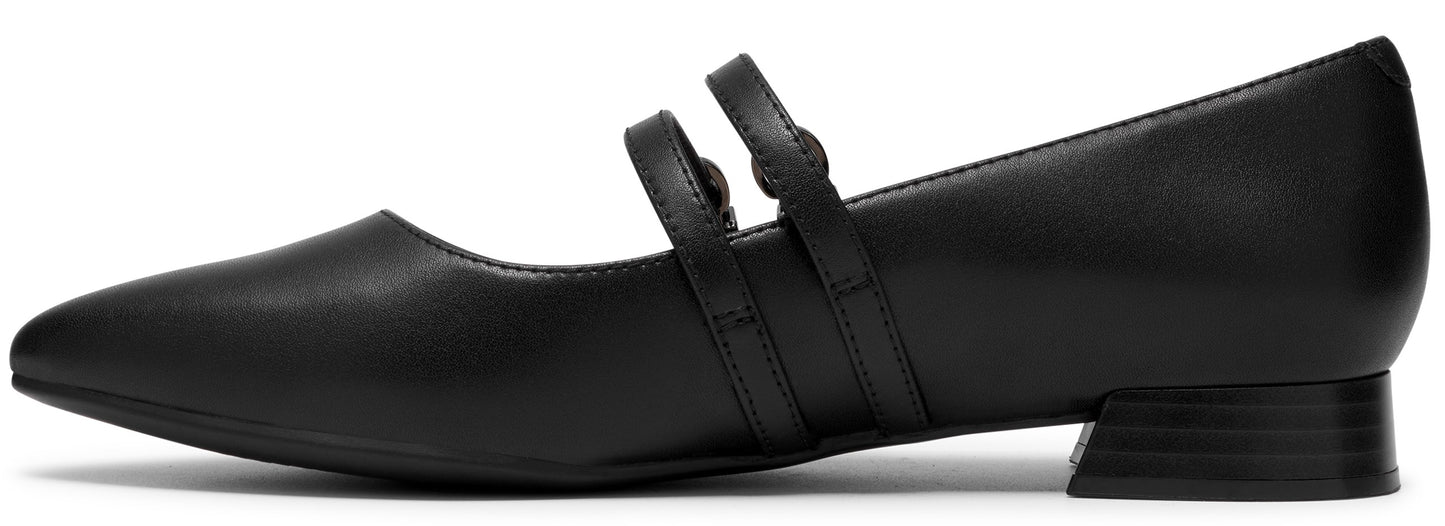 A black leather Mary Jane flat shoe with a pointed toe, a low block heel, and two thin adjustable straps across the instep.