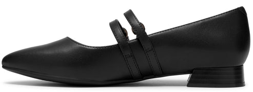 A black leather Mary Jane flat shoe with a pointed toe, a low block heel, and two thin adjustable straps across the instep.