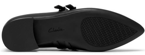 A black shoe sole featuring the brand name Clarks embossed in the center, with a smooth heel area and a textured, cross-hatched pattern on the ball of the foot.