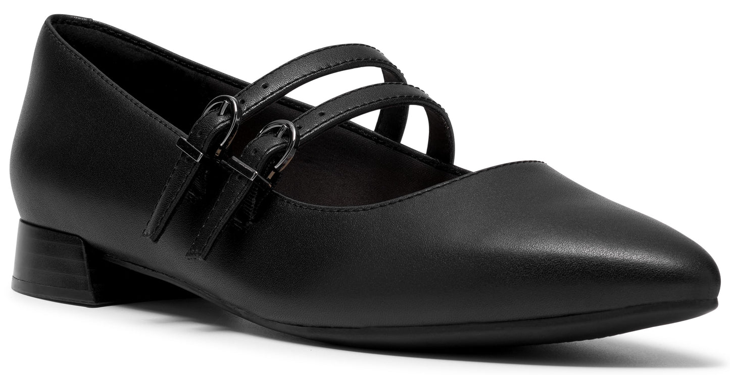 A black, pointed-toe, low-heeled mary jane shoe with two slender, adjustable buckle straps across the instep.
