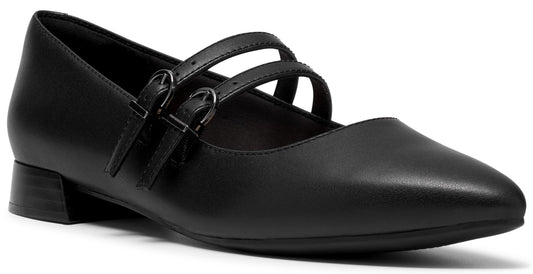 A black, pointed-toe, low-heeled mary jane shoe with two slender, adjustable buckle straps across the instep.