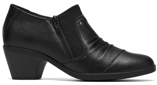A black leather ankle boot with a low block heel, a side zipper closure, and a gathered texture on the upper front.