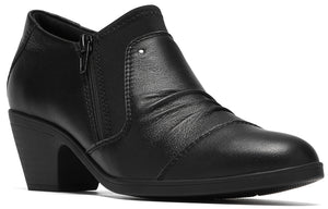 A black leather ankle boot with a block heel, a side zipper, and a gathered texture on the upper.