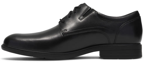 A black leather lace-up dress shoe with a classic round toe and a low, stacked heel viewed from the side.