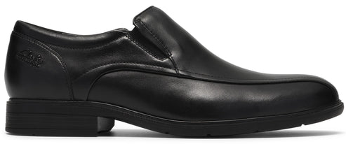 A black leather slip-on dress shoe with a classic moc toe design, a small embossed logo on the outer heel, and a solid black rubber sole.