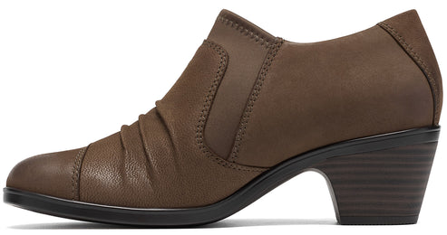 A brown leather ankle boot with a rounded toe, side ruching, and a low, stacked block heel.