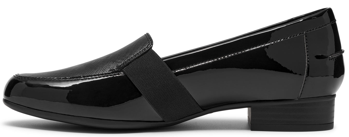 A black slip-on loafer made of a mix of patent leather and matte textured leather with a wide elastic band across the instep and a low stacked heel.
