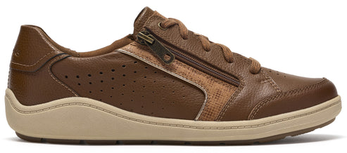A brown leather sneaker featuring a side zipper, lace-up closure, perforated detailing along the side panel, and a light-colored, contoured sole.