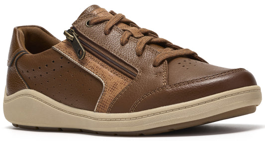 A brown leather sneaker featuring a side zipper, a lace-up front, perforated detailing on the side, and a thick, beige rubber sole.