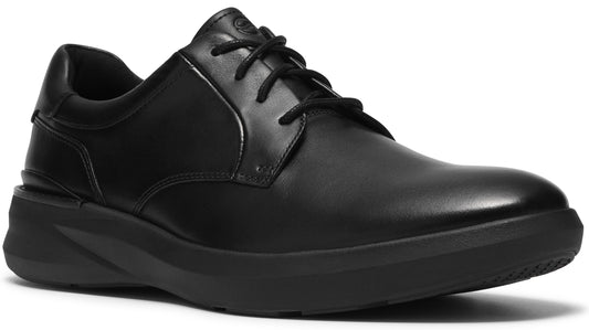 A black leather lace-up derby shoe with a smooth leather upper, tonal black laces, and a thick, chunky black rubber sole.