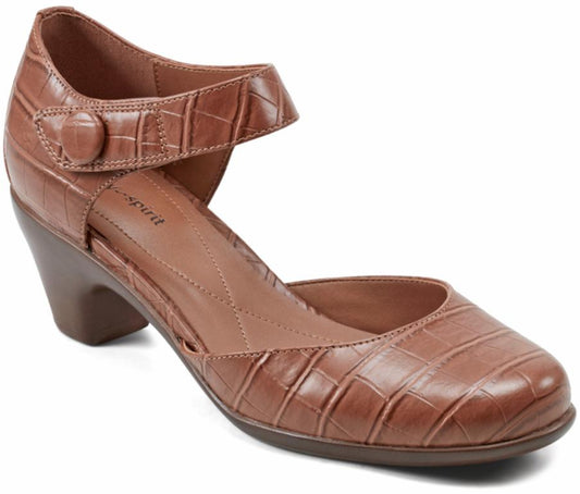 Brown heel with ankle strap and button, alligator pattern