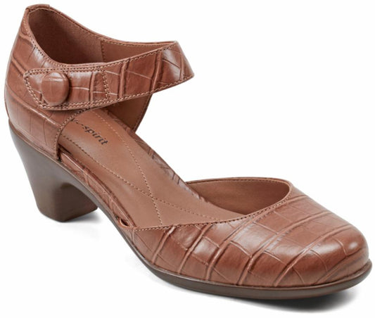 Brown, crocodile-patterned, Mary Jane heel with a button closure.