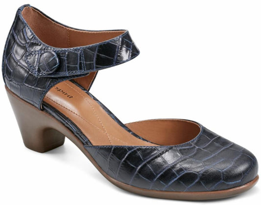 Navy blue Mary Jane-style dress shoe with a reptile pattern and a rounded block heel.