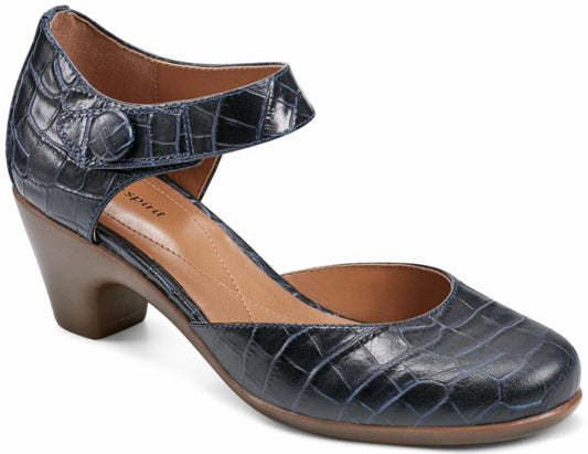 Blue leather Mary Jane-style shoe with crocodile pattern and rounded heel.