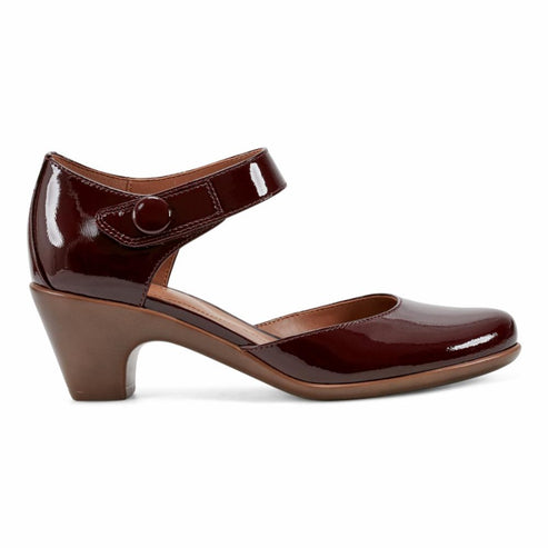 Brown patent leather Mary Jane heel with ankle strap.