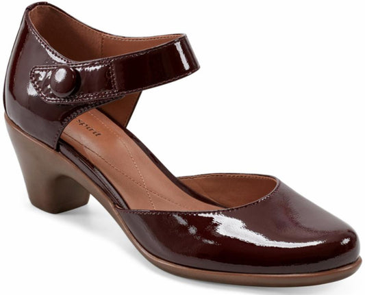 Shiny, deep-red patent leather Mary Jane-style shoe with rounded toe and block heel.