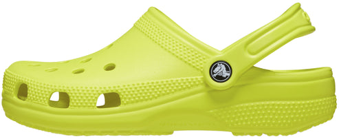 A yellow clog with a pivoting heel strap.