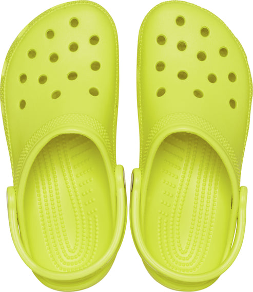 Overhead shot of two lime green clog shoes with round ventilation holes.
