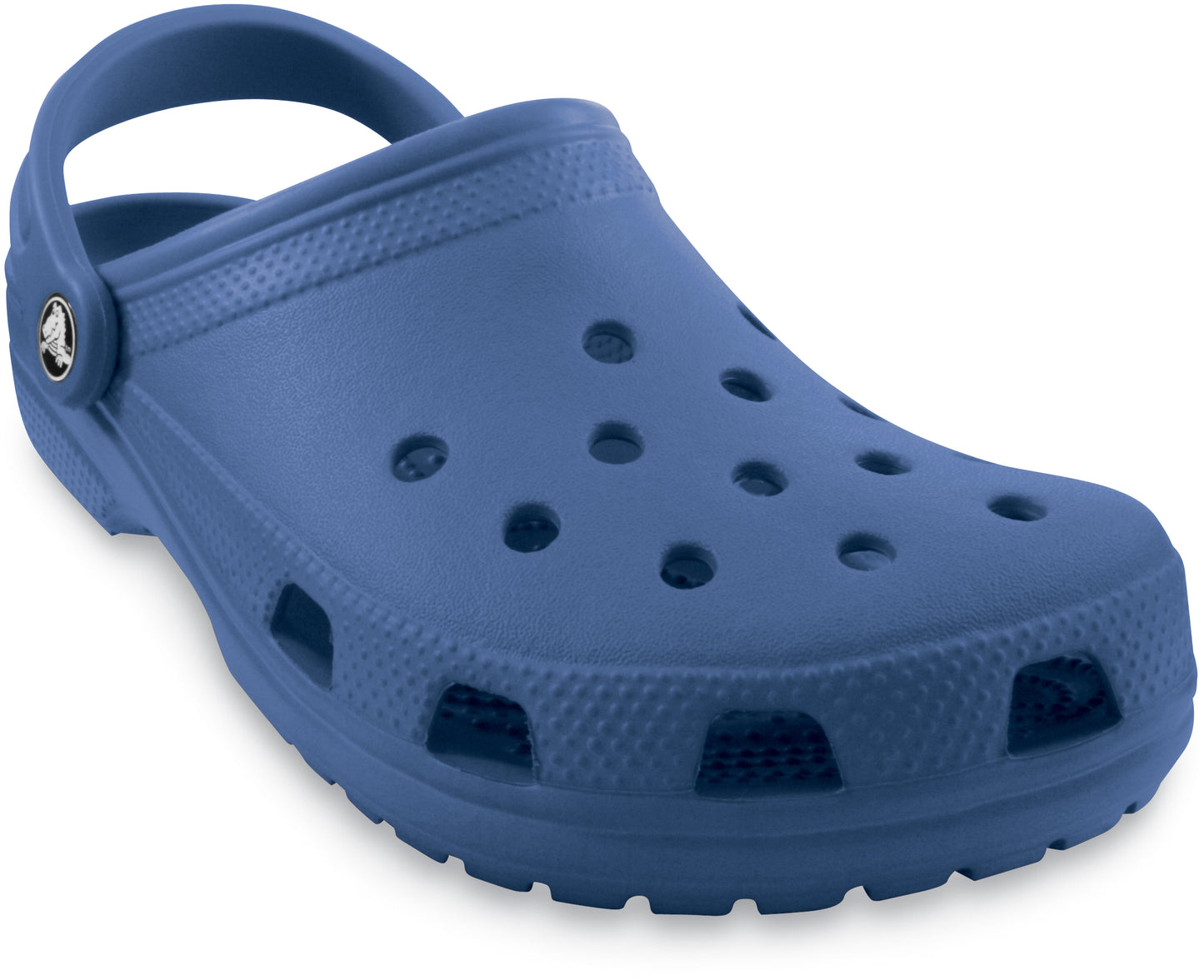 Blue clog with holes.