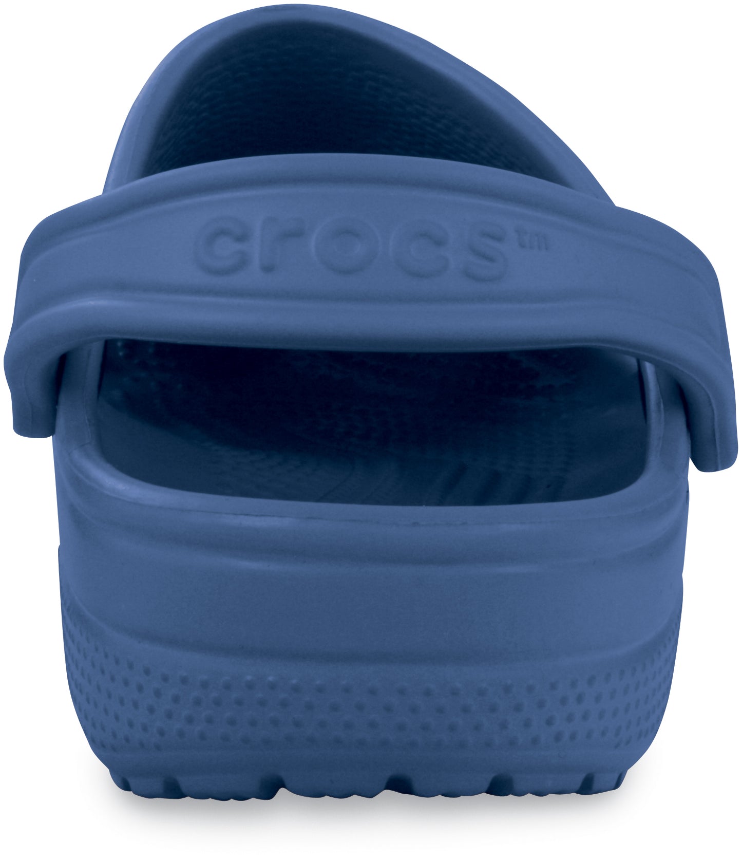 Close up view of a blue rubber clog with a pivoting back strap that reads "crocs" in raised lettering.