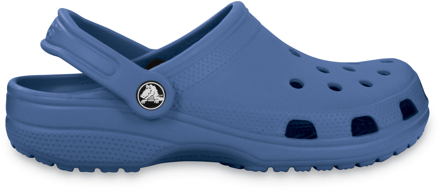 Blue Croc-style clog with pivoting heel strap and ventilation holes on the upper.
