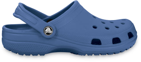 Blue Croc-style clog with pivoting heel strap and ventilation holes on the upper.