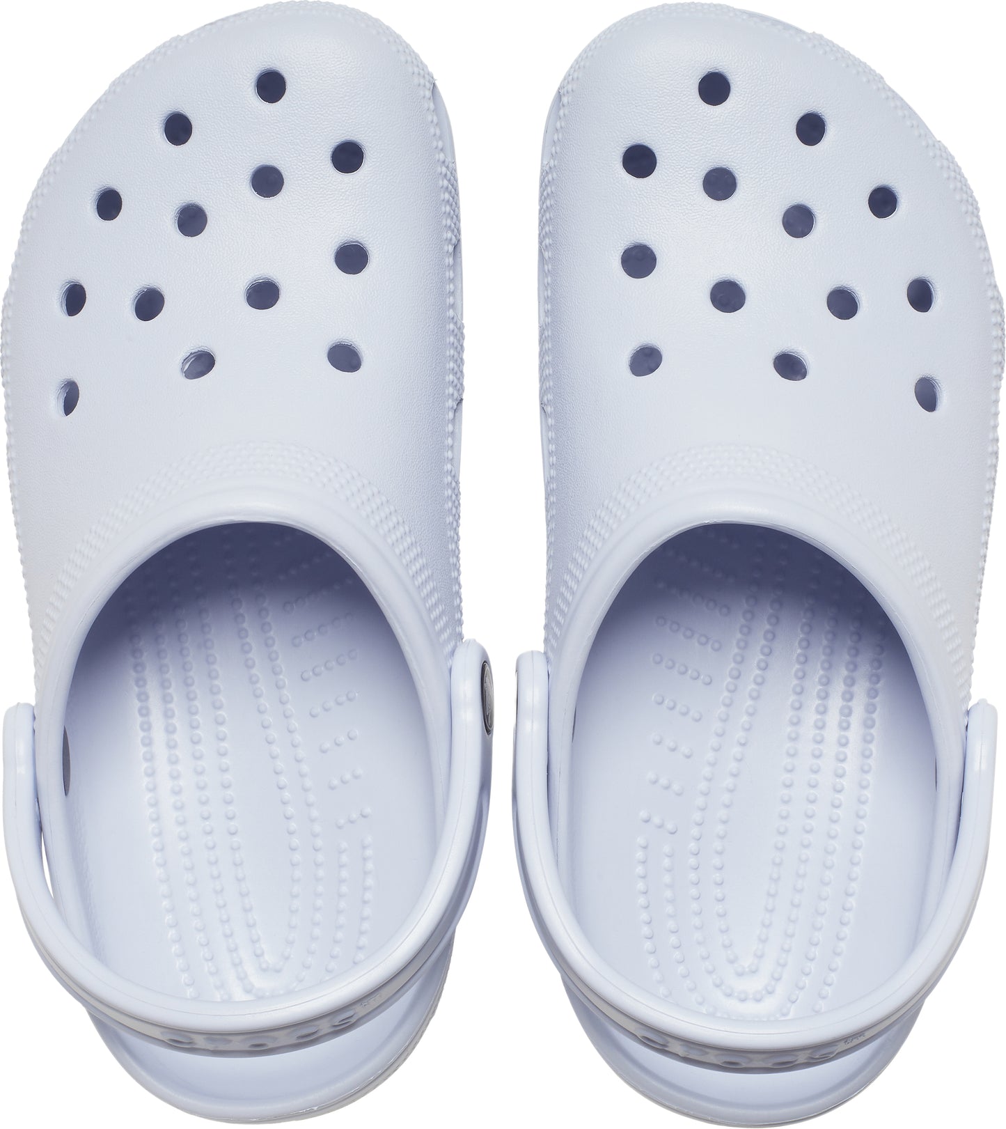 Pair of light blue clogs with multiple holes on the top.