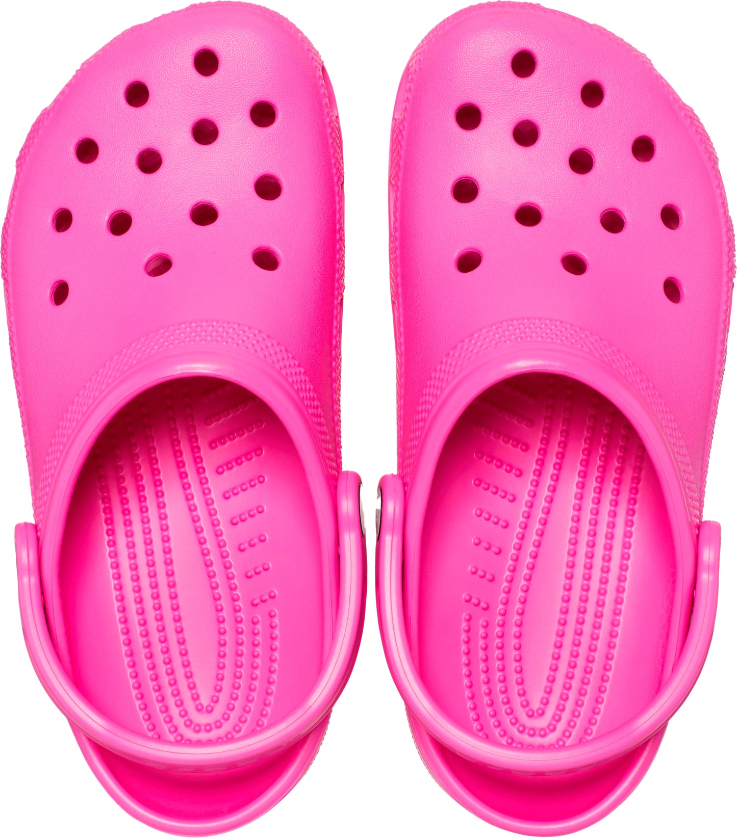 Top-down view of bright pink, rubber clogs with ventilation holes.