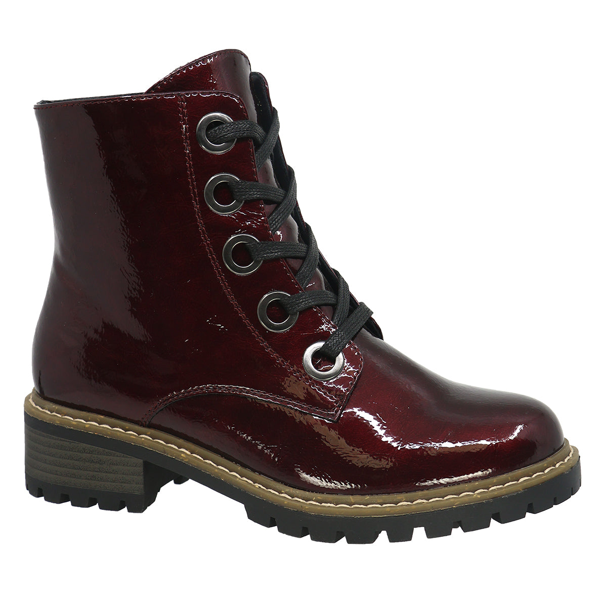Burgundy patent leather ankle boot with black laces and a lug sole.