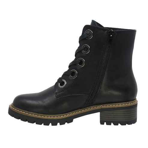 Black ankle boot with side zipper, lug sole, and lace-up front with metal eyelets.