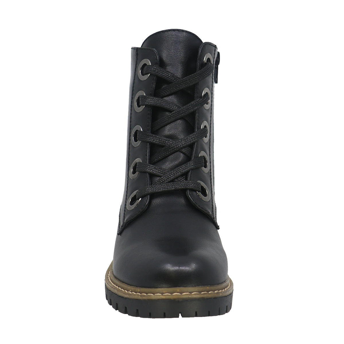 Front view of a black leather lace-up boot with metal eyelets and a ridged sole.