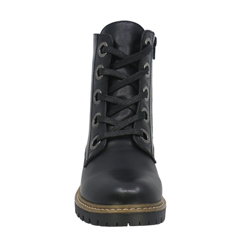 Front view of a black leather lace-up boot with metal eyelets and a ridged sole.