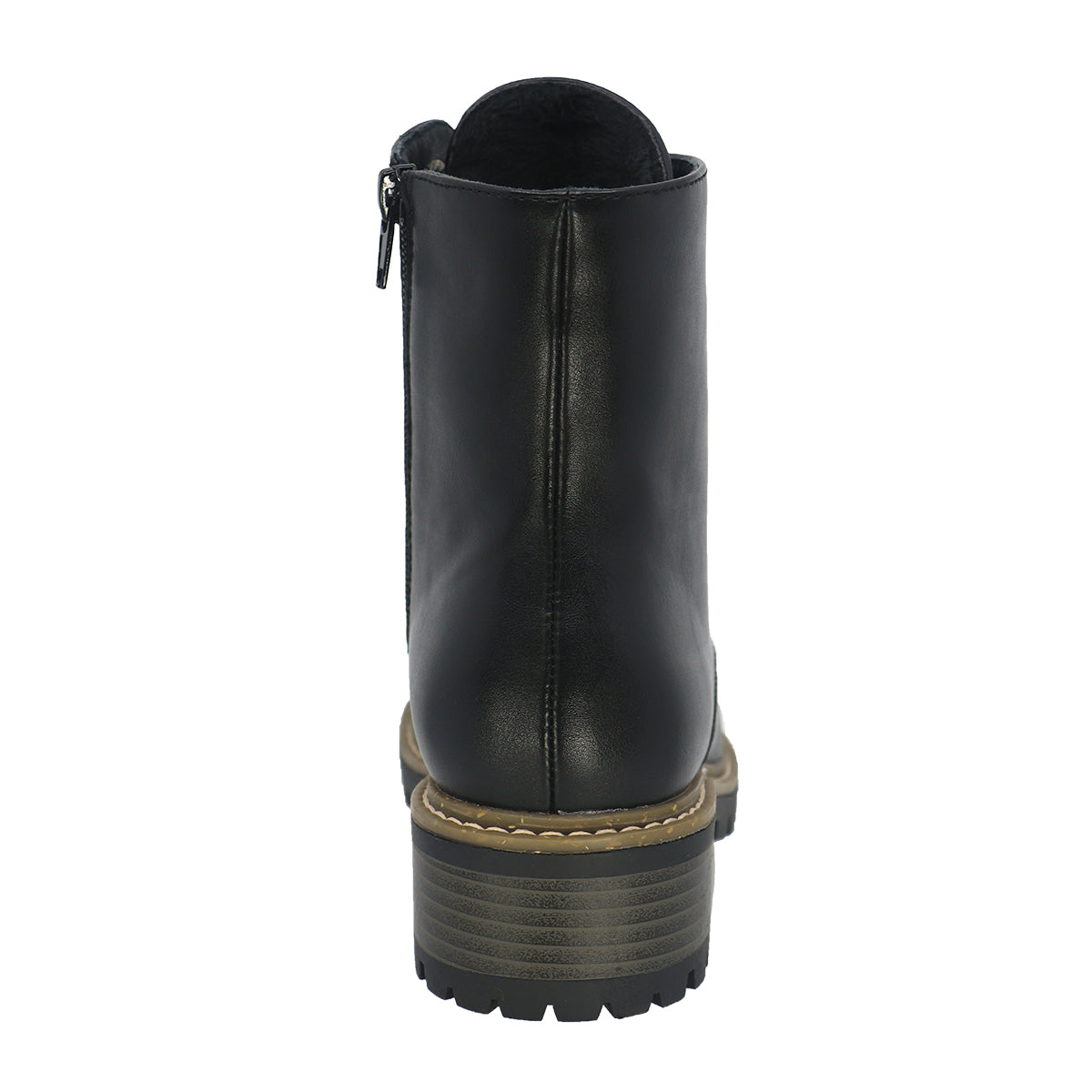 Back view of a black ankle boot with side zip and lug sole.