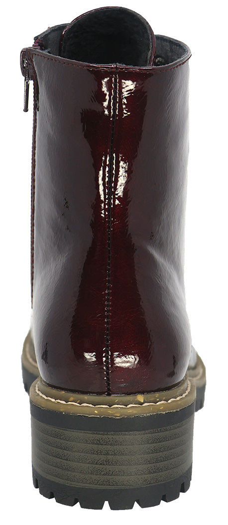 Rear view of a shiny, dark red boot with a chunky, ridged sole.