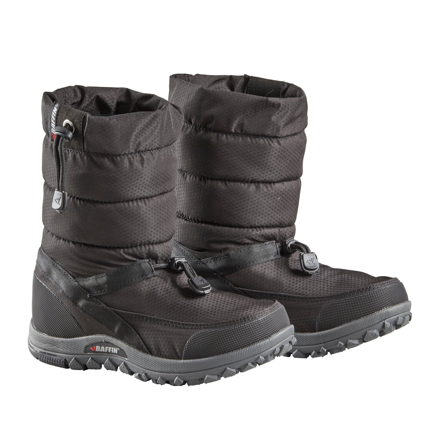 A pair of black insulated, knee-high, waterproof snow boots with a gray sole.