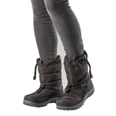 Pair of black, mid-calf winter boots with drawstring closure and quilted shaft.