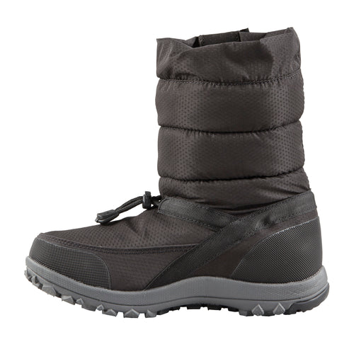 Black, padded, mid-calf winter boot with grey sole and draw string.