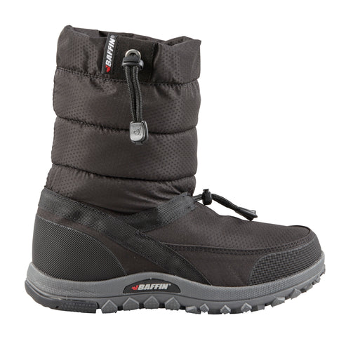 Black snow boot with puffer style upper and toggle closure, with Baffin logo on the sole