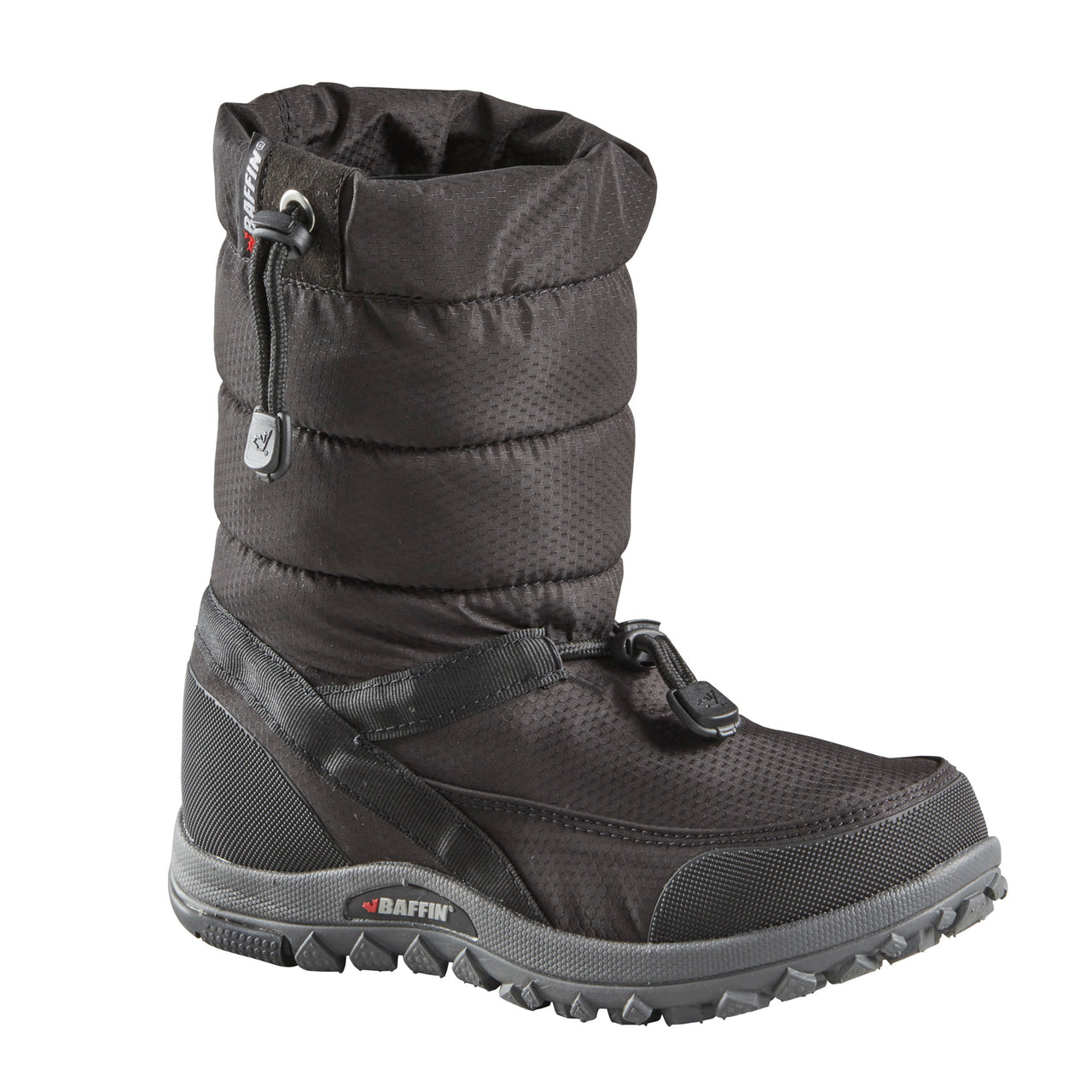 Black quilted boot with toggle closures on the front and at the top opening.